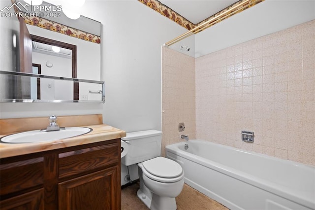 bathroom featuring vanity, toilet, and bathtub / shower combination