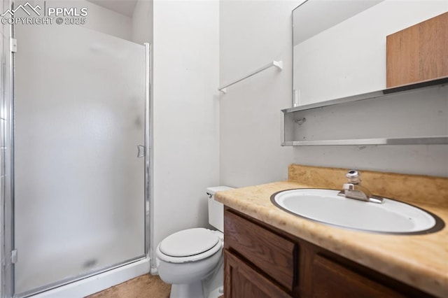 full bathroom featuring toilet, a shower stall, and vanity