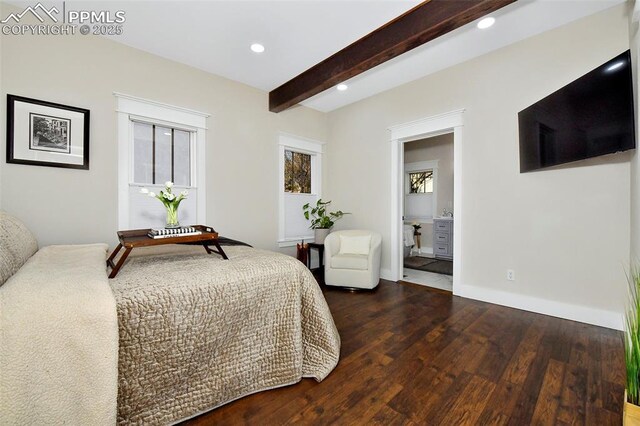 bedroom with connected bathroom, recessed lighting, wood finished floors, baseboards, and beam ceiling