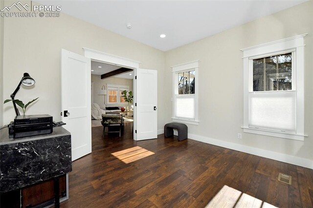 office area with hardwood / wood-style flooring, baseboards, visible vents, and recessed lighting