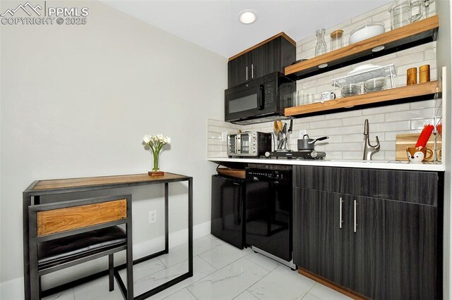 bar featuring tasteful backsplash, baseboards, marble finish floor, black appliances, and recessed lighting