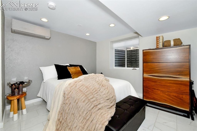 bedroom featuring recessed lighting, an AC wall unit, marble finish floor, and baseboards