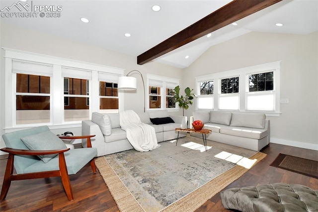 living area with dark wood-type flooring, recessed lighting, lofted ceiling with beams, and baseboards