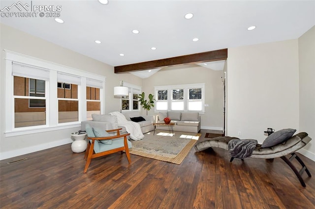 living area featuring lofted ceiling with beams, visible vents, wood finished floors, and recessed lighting