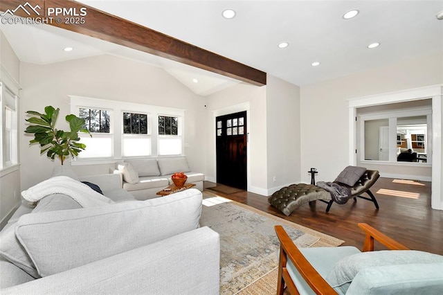 living area featuring recessed lighting, vaulted ceiling with beams, baseboards, and wood finished floors