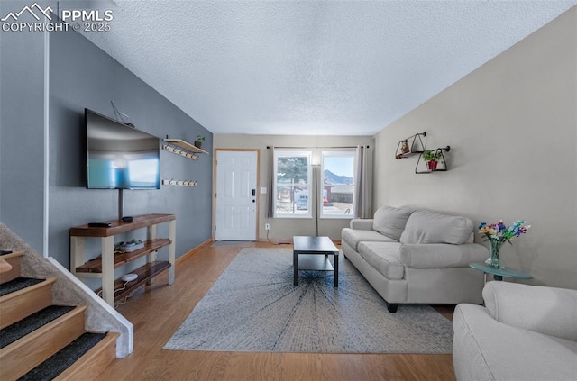 living room featuring a textured ceiling and wood finished floors