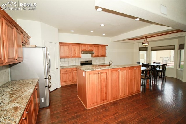 kitchen with a kitchen island with sink, recessed lighting, stainless steel appliances, dark wood-style flooring, and backsplash