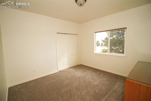 unfurnished bedroom with carpet, baseboards, and a closet