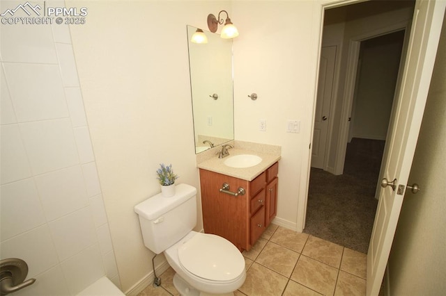 full bath with baseboards, vanity, toilet, and tile patterned floors