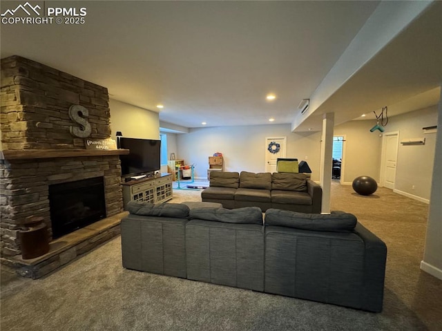 carpeted living area with recessed lighting, a fireplace, and baseboards