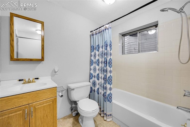 bathroom featuring tile patterned floors, vanity, toilet, and shower / bathtub combination with curtain