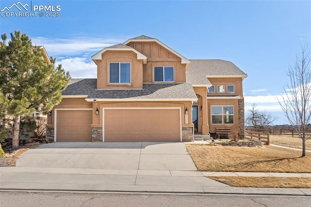 view of front of home featuring stucco siding, a shingled roof, concrete driveway, fence, and stone siding