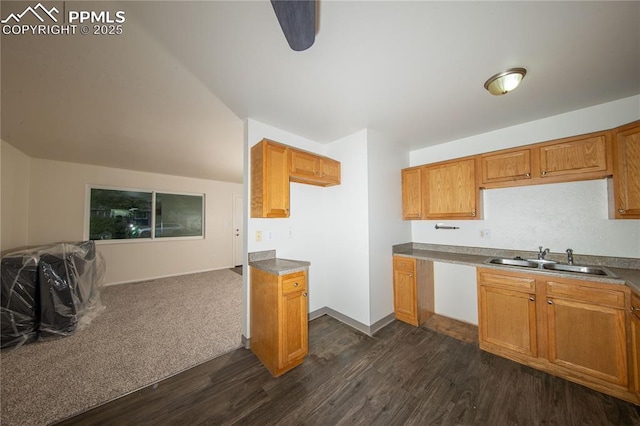 kitchen featuring brown cabinets, dark wood-style flooring, open floor plan, and a sink