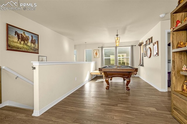 game room with dark wood-style floors, billiards, and baseboards