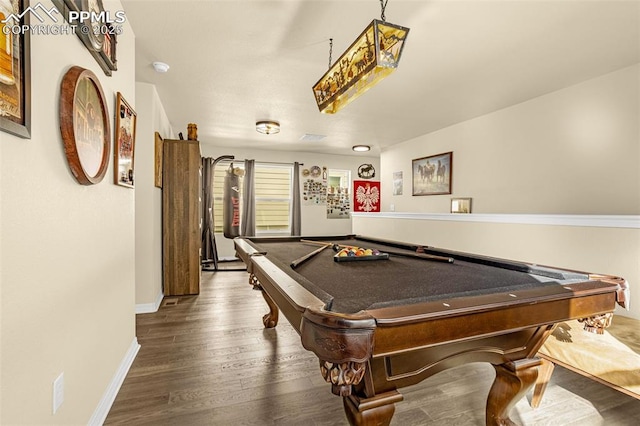 recreation room featuring dark wood-style floors, billiards, and baseboards