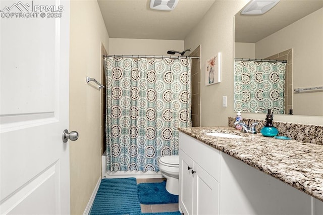 full bath featuring shower / bath combo, visible vents, toilet, tile patterned floors, and vanity