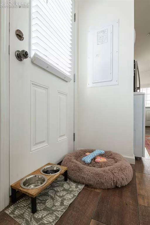 doorway to outside with hardwood / wood-style floors and electric panel