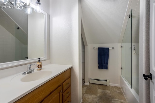 full bath featuring a baseboard heating unit, enclosed tub / shower combo, vaulted ceiling, vanity, and baseboards