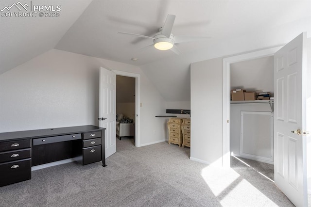 additional living space with lofted ceiling, baseboards, carpet floors, and a ceiling fan