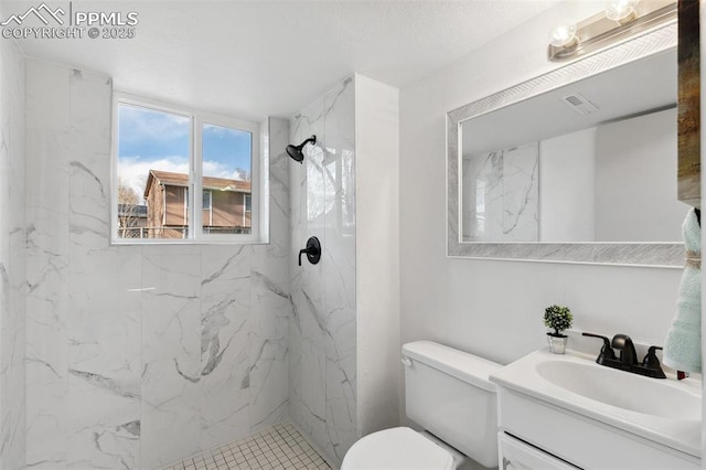 full bath featuring visible vents, toilet, vanity, and a marble finish shower