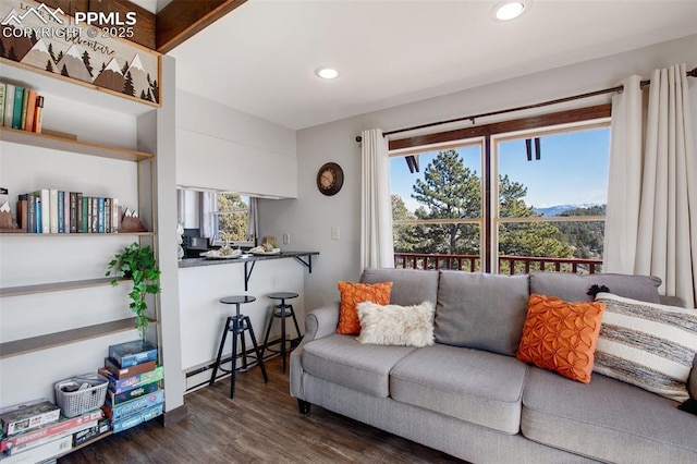 living area featuring dark wood-style floors, recessed lighting, and baseboard heating