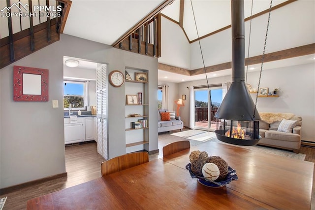 living room with a wood stove, a wealth of natural light, a high ceiling, and wood finished floors