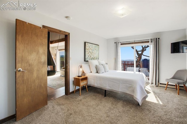 bedroom with carpet floors, a baseboard radiator, and baseboards