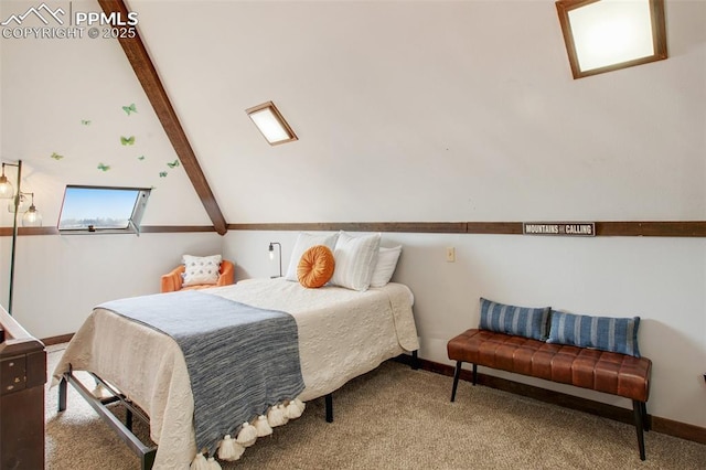 bedroom featuring carpet floors, vaulted ceiling with beams, and baseboards