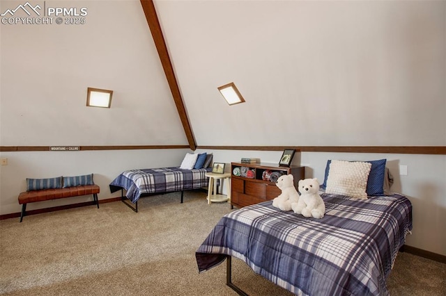 carpeted bedroom featuring lofted ceiling with beams and baseboards