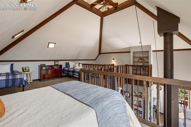 carpeted bedroom featuring high vaulted ceiling