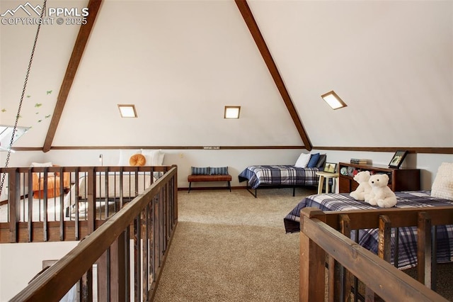 carpeted bedroom featuring lofted ceiling with beams