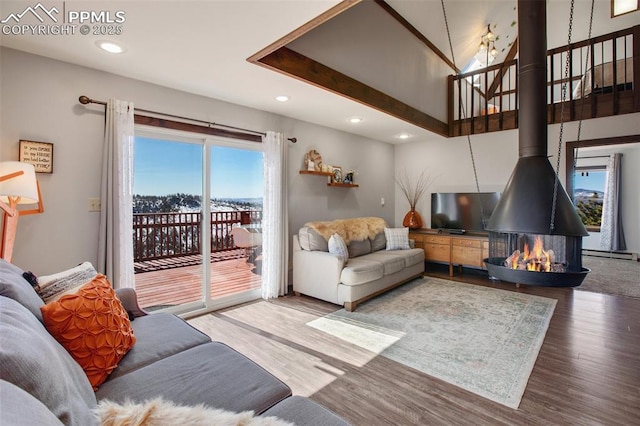 living room featuring a baseboard radiator, wood finished floors, a wood stove, a high ceiling, and recessed lighting