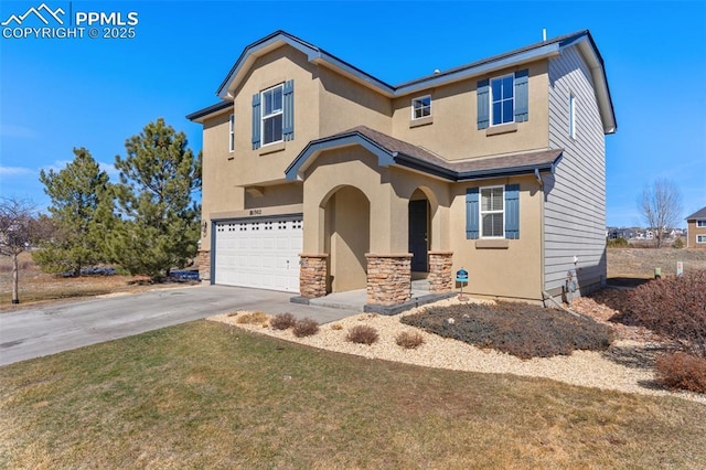 traditional-style home featuring stone siding, an attached garage, driveway, and stucco siding