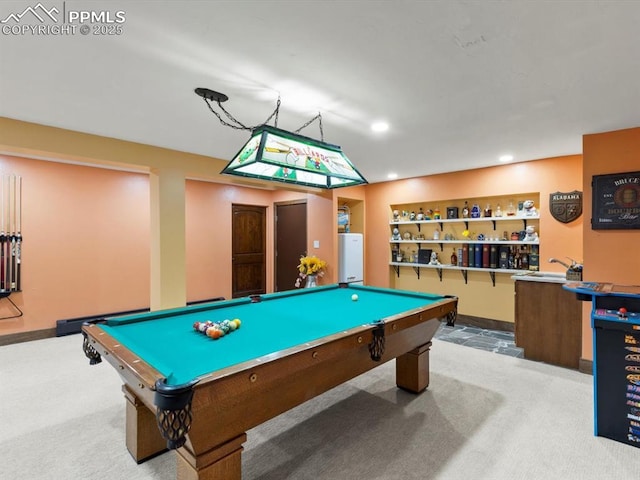 recreation room featuring carpet floors, recessed lighting, billiards, and baseboards