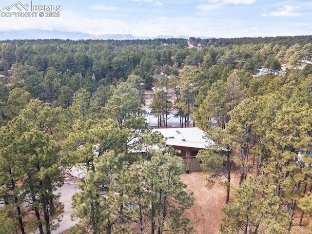 bird's eye view with a wooded view