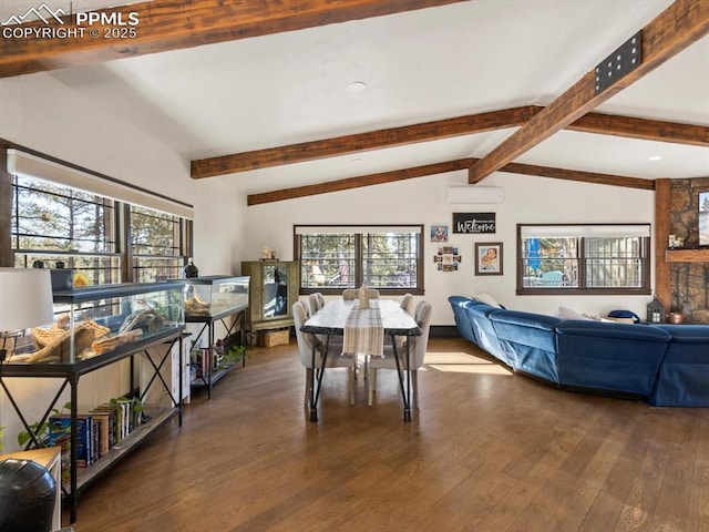 dining area featuring vaulted ceiling with beams, hardwood / wood-style flooring, and an AC wall unit