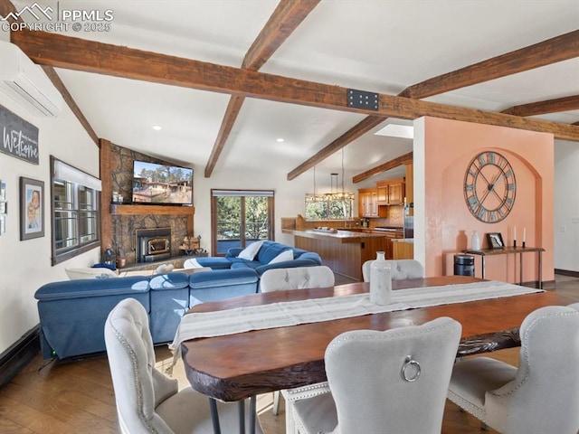 dining room featuring vaulted ceiling with beams, baseboards, wood finished floors, and a wall mounted air conditioner