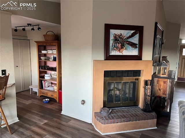 interior space with rail lighting, a glass covered fireplace, dark wood finished floors, and baseboards