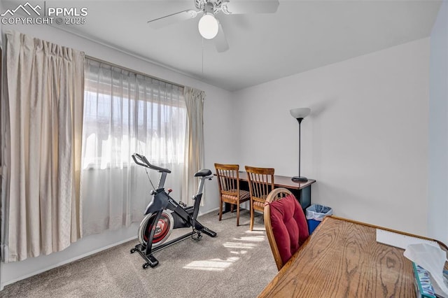 carpeted office space featuring a ceiling fan