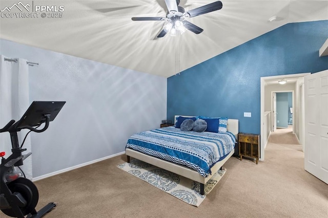 carpeted bedroom with lofted ceiling, ceiling fan, and baseboards