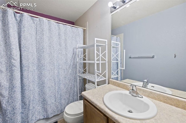 full bath featuring toilet, curtained shower, and vanity