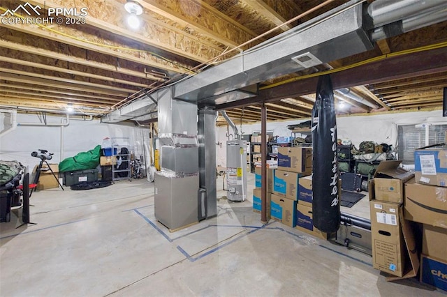 unfinished basement with heating unit and water heater