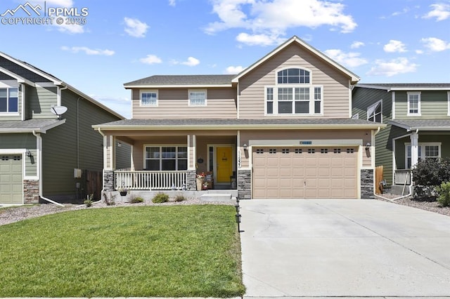 craftsman inspired home featuring a garage, concrete driveway, stone siding, a porch, and a front lawn