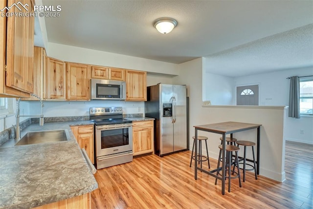 kitchen with stainless steel appliances, light countertops, a sink, and light wood-style flooring