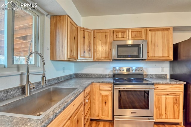 kitchen featuring stainless steel appliances, dark countertops, and a sink