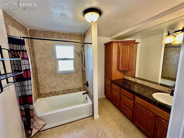 full bath featuring tile patterned floors, vanity, and shower / bathtub combination with curtain