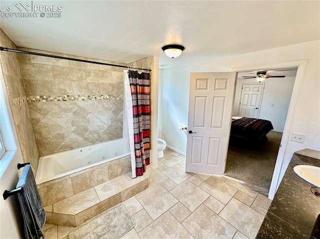 full bathroom featuring a combined bath / shower with jetted tub, ceiling fan, and toilet