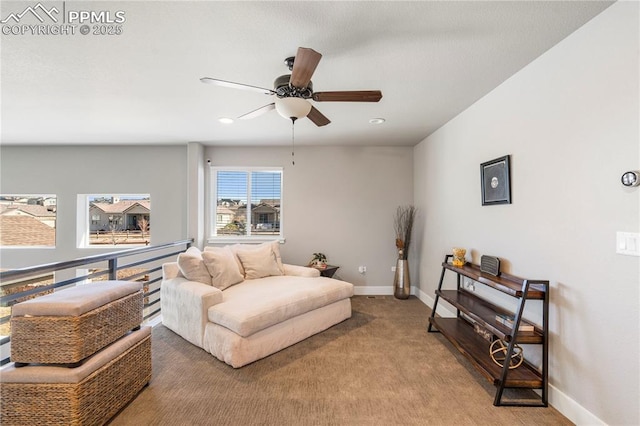 interior space with a ceiling fan, baseboards, carpet flooring, and recessed lighting