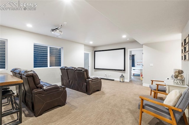 home theater with recessed lighting, light carpet, and baseboards