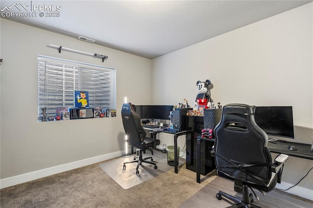 carpeted office with visible vents and baseboards